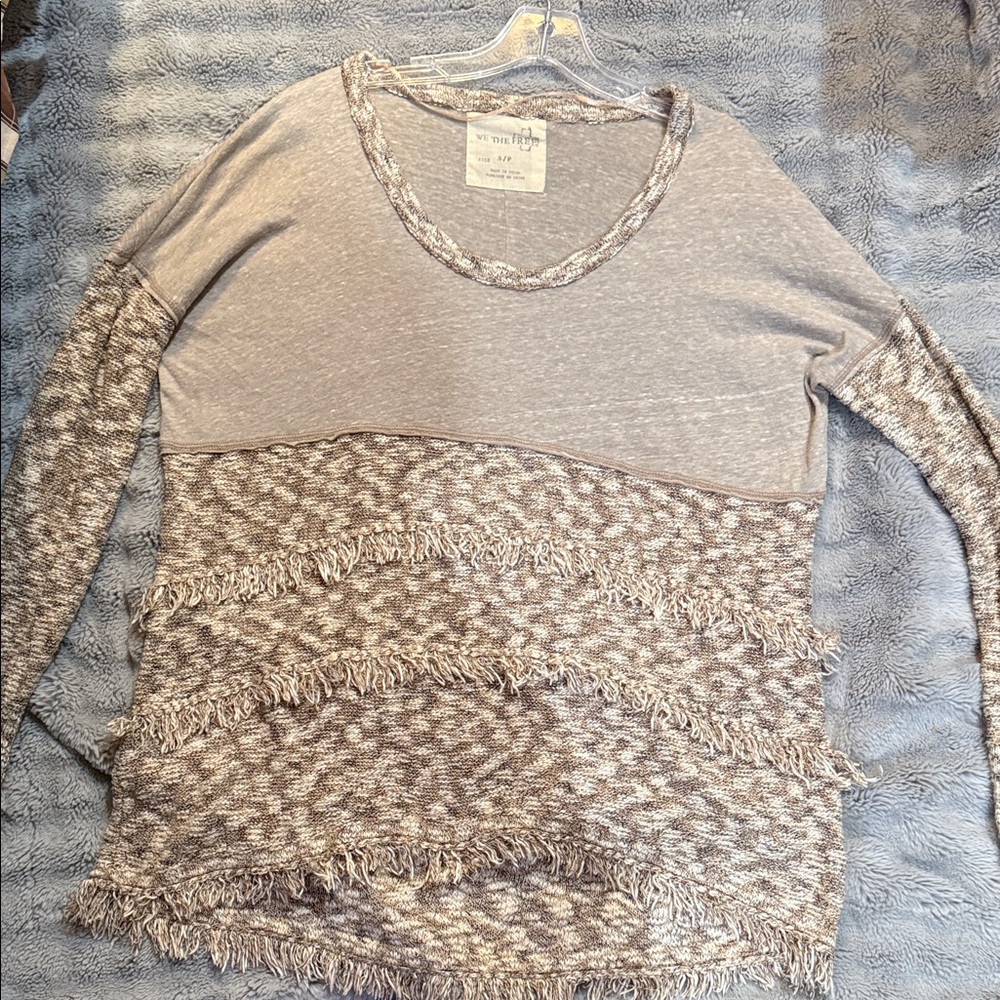 We The Free Gray and Cream Fringe Empire Sweater